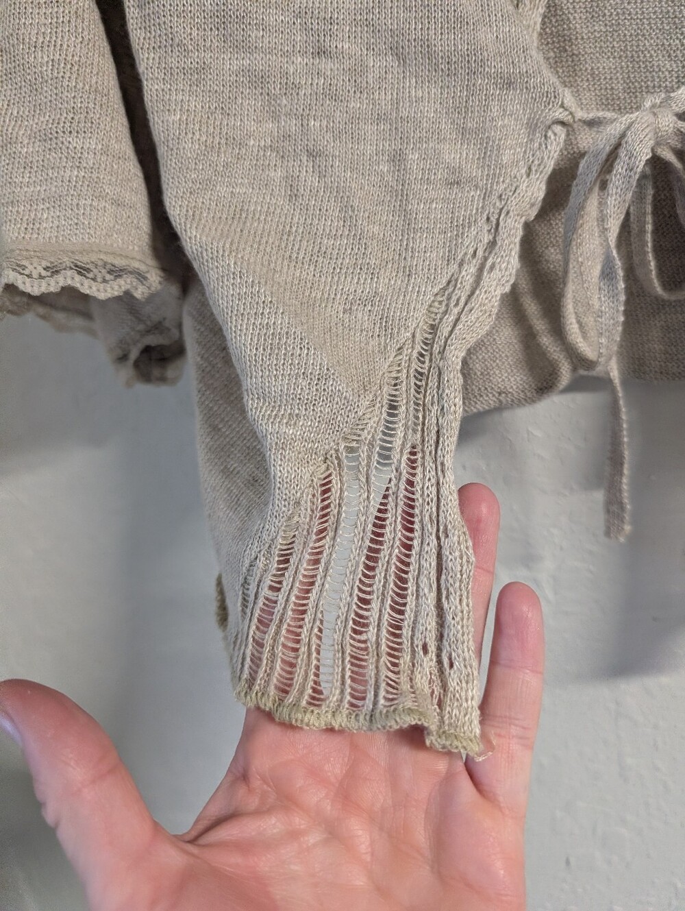 Linen Lace Tie Front Cropped Cardigan M Beige Cream Dainty Goblin Fairy Boho - Picture 3 of 8